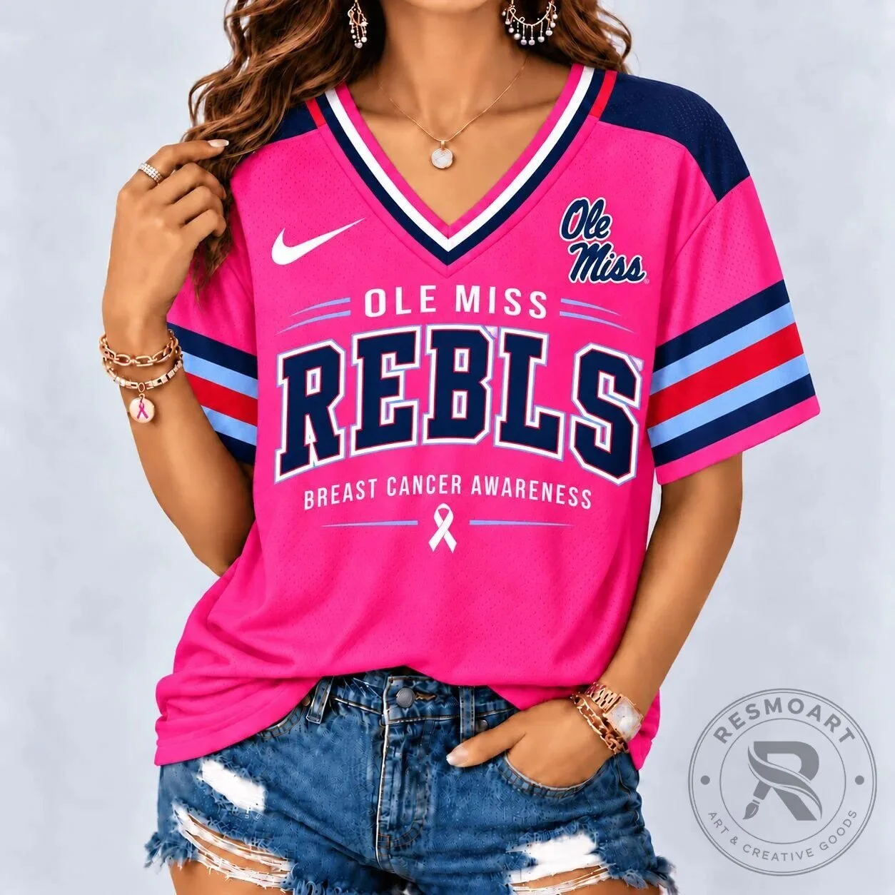 Ole Miss Rebels Breast Cancer Awareness Pink V-Neck Football